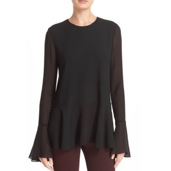 🎯NWOT Theory Lexanda C Idol Bell-Sleeve Peplum Blouse Top Black Size Small - Picture 1 of 13